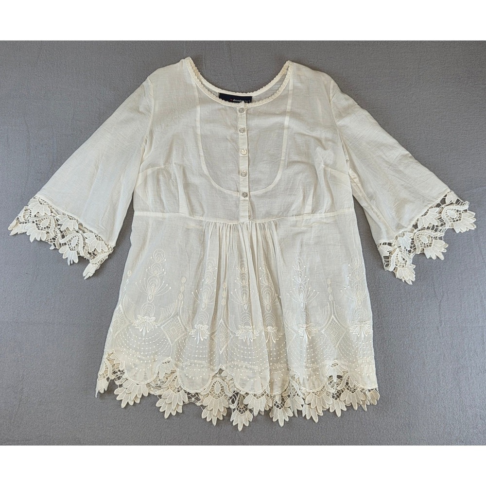 NWT Cream White Lace Trim Tunic Blouse 14W Cotton Boho Bell Sleeve Cottagecore